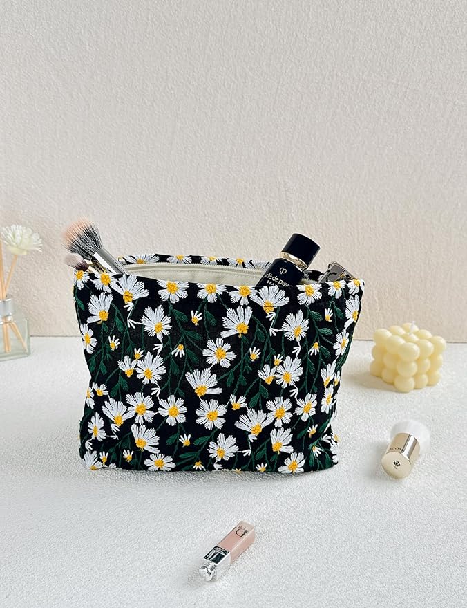 RIKMOXR 2 Pcs Makeup Bags, Large Cosmetic Bag Travel Toiletry Bag Organizer for Women, Embroidery Craft, Floral Makeup Bag Small Cosmetic Pouch Purse with Zipper Gifts for Girls Teen