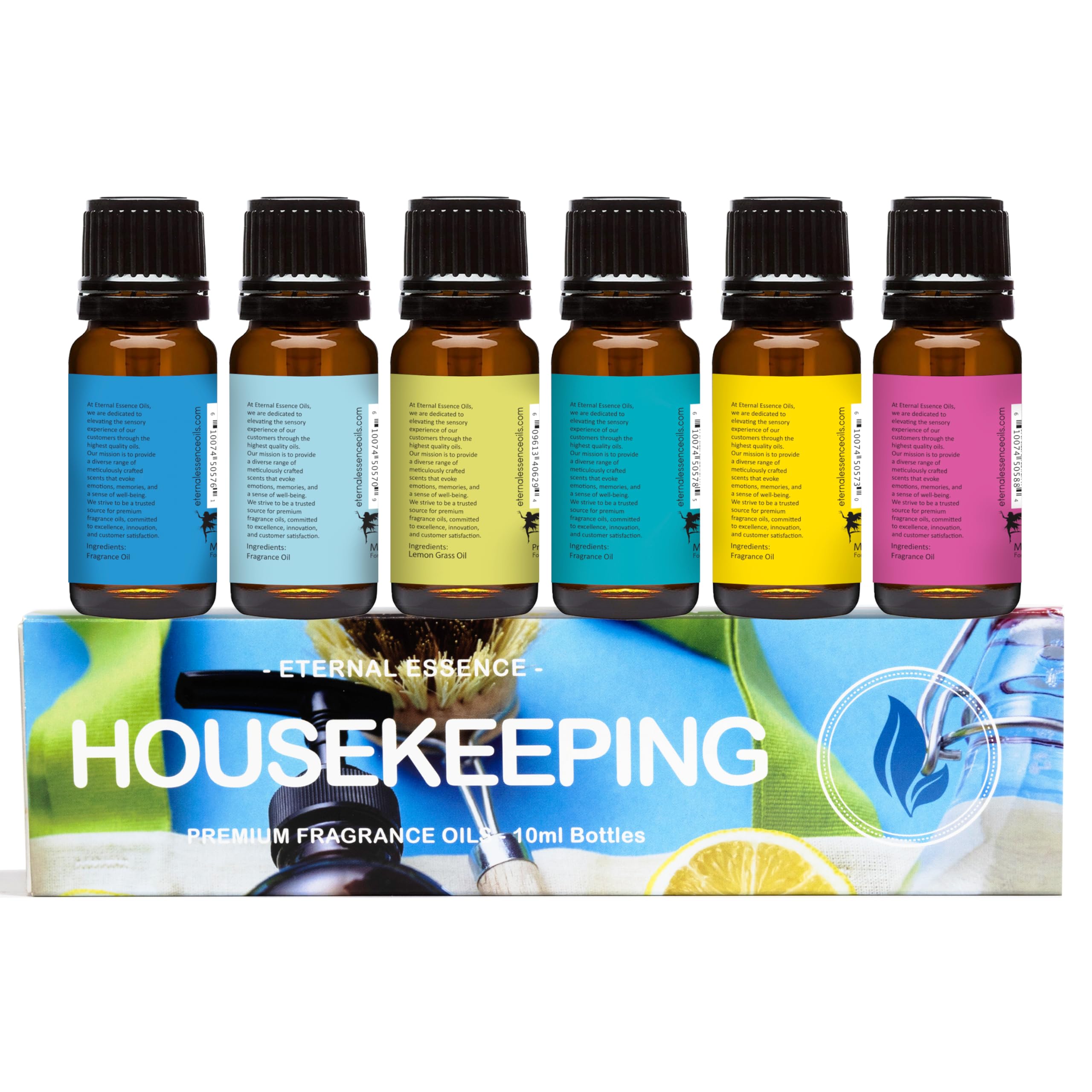 Eternal Essence Oils Housekeeping Set of 6 Premium Fragrance Oils - Includes Clean Cotton, Lemon Blossom, Lemon Grass, Sweet Pea, Ocean Breeze and Mountain Rain Scented Oils - 10ML