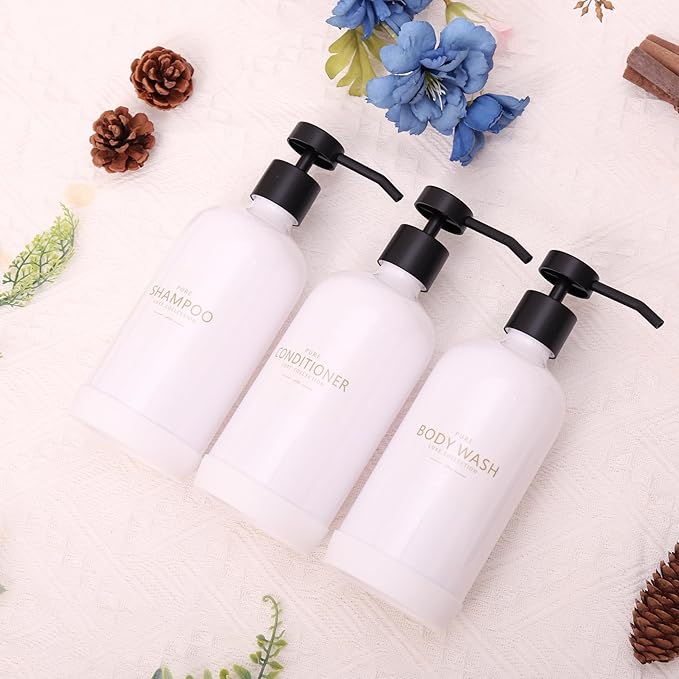 Janxin Shampoo and Conditioner Dispenser Set of 3,Refillable 21oz Shampoo Bottles with Non-Slip Protective Silicone Pad,Shower Soap Dispenser with Waterproof Labels for Bathroom (White)