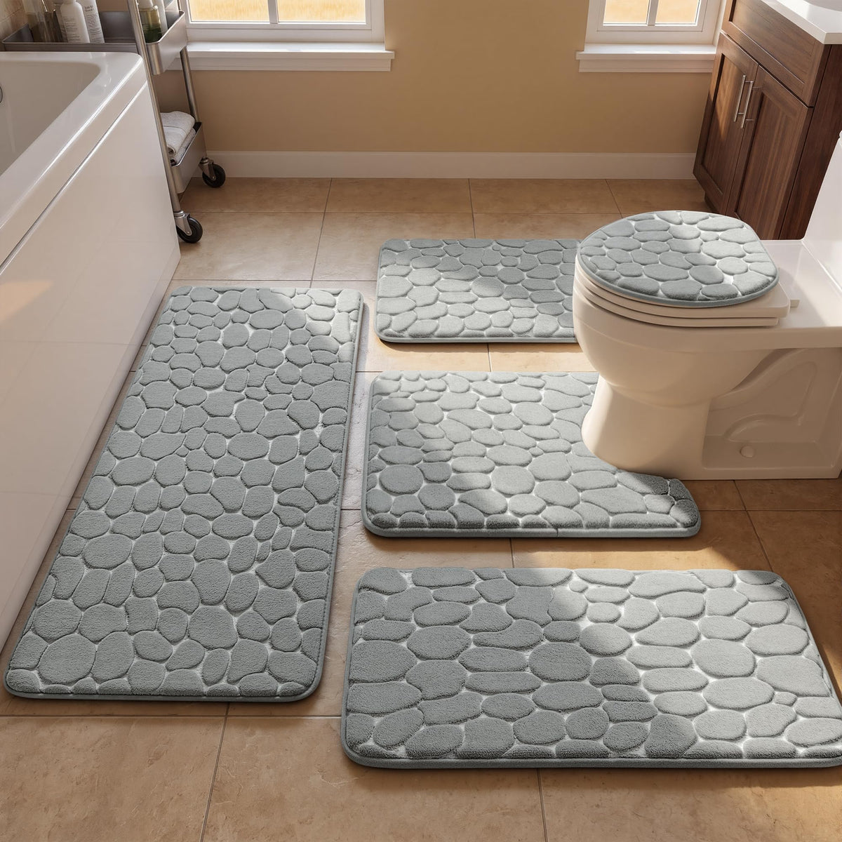YIHOUSE Bathroom Rugs Mat Set, Memory Foam Bath Mat 5 Piece Dark Grey