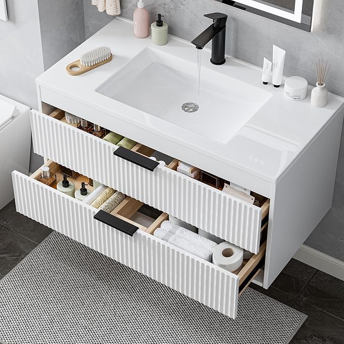 36 Inches Modern MDF Bathroom Vanity with Sink, Wall Mounted Floating Cabinets w/Double Drawers, Black Handles, White Resin Sink Combo Set (White, 36")