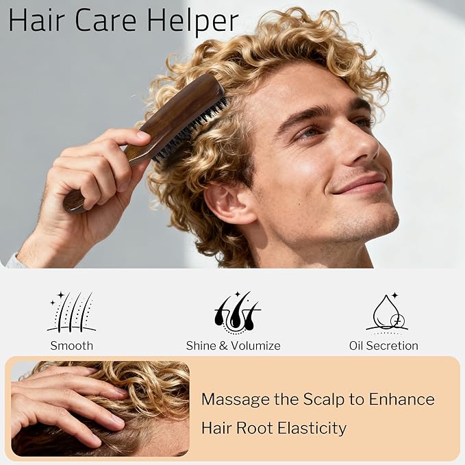 STYLEMATE Hair Brush for Men, Mens Nylon Stiff Bristles Hard Firm Hair Brush for Thick Hair, Slick Back Natural Black Walnut Wooden Handle for Smoothing, Detangling, Styling
