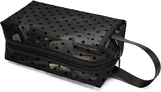 TOPASION Portable Mesh Makeup Bag with Zipper Small Travel Toiletry Bag Lightweight Cosmetic Pouch (Black&Black Heart with Handle)