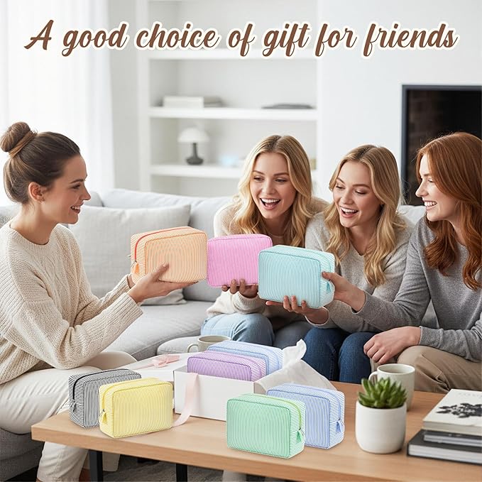 Sanwuta 9 Seersucker Cosmetic Bag Bulk Striped Makeup Bag for Women Aesthetic Cute Travel Toiletry Organizer Preppy Storage Pouch for Wedding Bridesmaid Mother's Day Teacher Gift (Large,Candy Color)