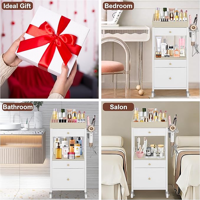 NauwaBarn Makeup Organizer Cart with 3 Drawers, Large Cosmetic Organizer with Detachable Hair Tool Holder, Makeup Cabinet Cosmetic Display Cases for Skin Care Perfume Nail Polish, White & Natural