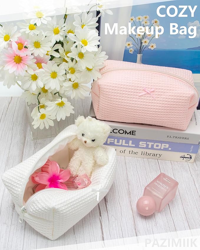 Cozy Makeup Bag for Women,Zipper Cosmetic Pouch,Waffle Cream White,6 Pack