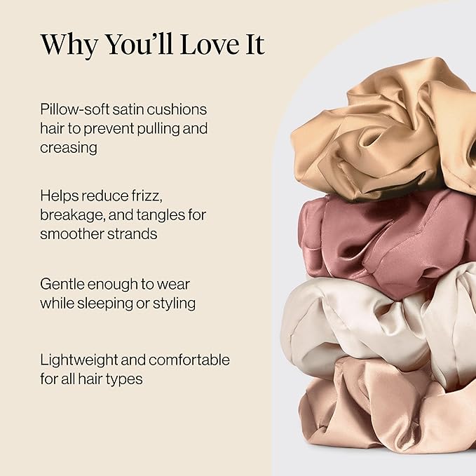 Kitsch Pillow Satin Scrunchies for Women - Hair Ties No Damage, No Crease Hair Accessories | Perfect for Day or Night - Blush, 4pcs