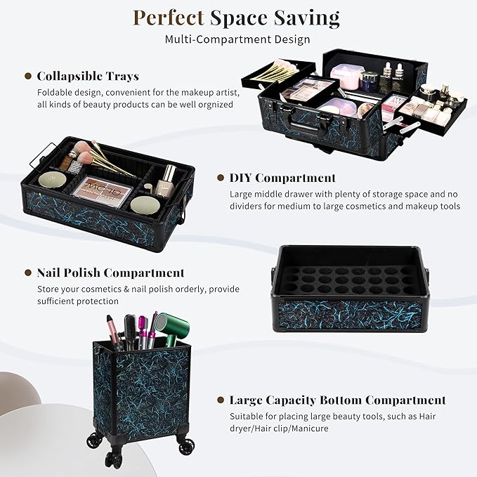 JINGUAN Profesional Rolling Makeup Train Case with Lid, 5 in 1 Cosmetology Case on Wheels, Large Cosmetic Trolley Organizer Travel for Hairstylist Artist Nail Beauty Salon Barber, Blue