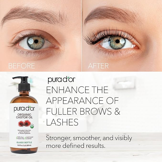 PURA D'OR ORGANIC Castor Oil (16.9 Oz GLASS BOTTLE) Pure Cold-Pressed Hexane-Free USDA Certified – Lashes Brows Hair Scalp Skin – Botanical Moisturizer for Softness Strength Hydration Shine Radiance