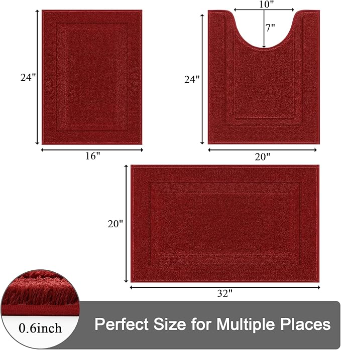 SHACOS Red Bathroom Rugs Sets 3 Piece Small Bath Mat U Shaped Toilet Rug