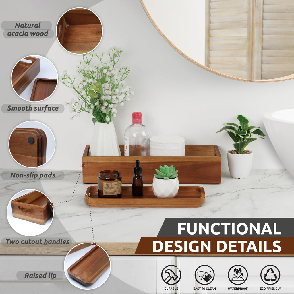 DEMIGO Toilet Tank Topper & Vanity Tray, Natural Acacia Wood Decor Set