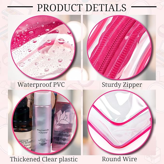 CHICAUP 6 Pieces Clear Makeup Bags Bulk TSA Approved Toiletry Bag for Travel PVC Waterproof Clear Cosmetic Pouch with Zipper for Men and Women Carry-on Travel Essentials