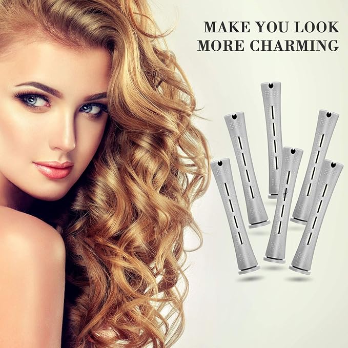 Chuangdi 24 Pcs Hair Perm Rods Plastic Cold Wave Perming Curlers Hair Rollers with Steel Pintail Comb Rat Tail Comb Tools for Hairdressing Styling(Grey,0.59 Inches)