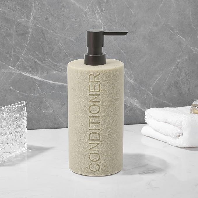 Indecor Home Resin Tan Sandstone Conditioner Engraved Bottle Refillable Pump Dispenser, Durable Waterproof Resin Construction for Bath, Shower - Tan Sandstone ORB Pump