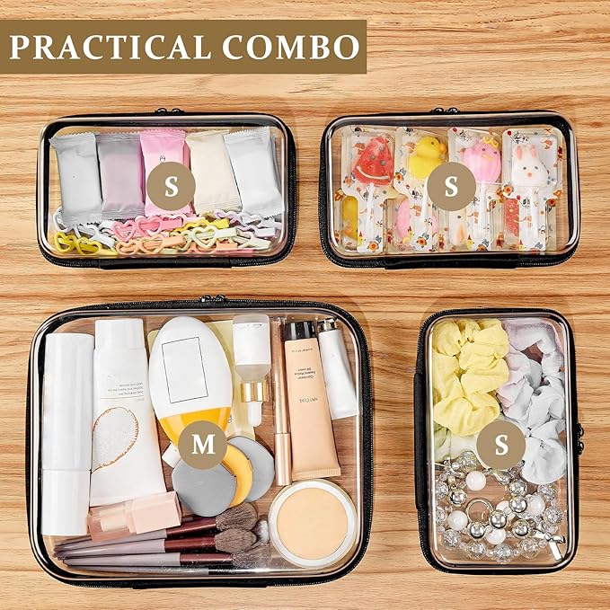 WELPIRT 4 pcs Clear Zipper Pouches,Hard Shell Zipper Case, Toiletry Bag for Travel, CLear Diaper Bag, Toiletry Pouch, Travel Organizer, Cosmetic Bag,Toy Storage Bins (M+3S)(Black)