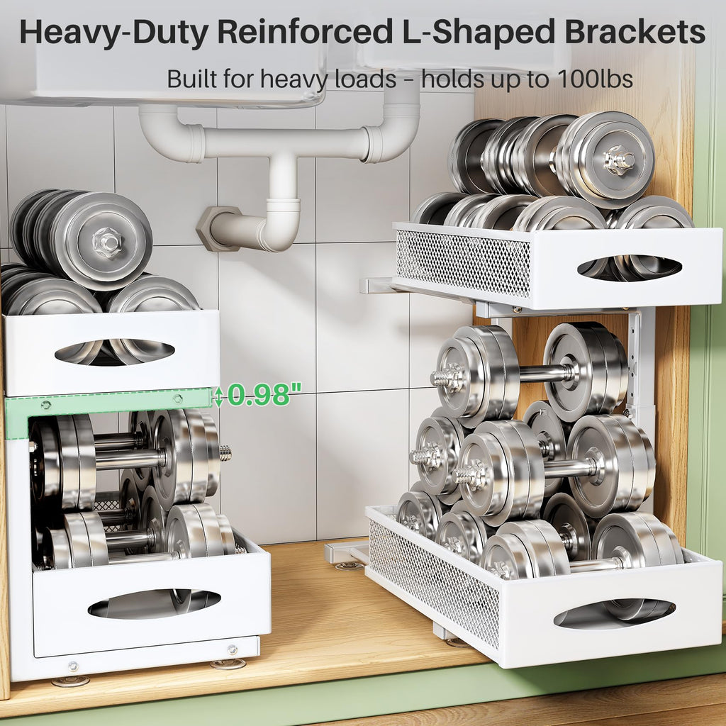 Under Sink Organizer, 2 Tier Pull out Cabinet Organizer Baskets with Mesh Sliding Drawers, Slide out Storage Shelf for Home, Kitchen, Bathroom, Pantry, Office Cabinet(1 Pack, White)