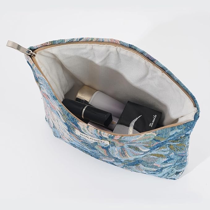 BOCGRPU 2 Pcs Aesthetic Cosmetic Bag Set, Vintage Jacquard Floral Makeup Pouches for Purse Travel, Large Capacity Tapestry Toiletry Organizer with Zipper, Gifts for Women Girls (Oil Painting Blue)