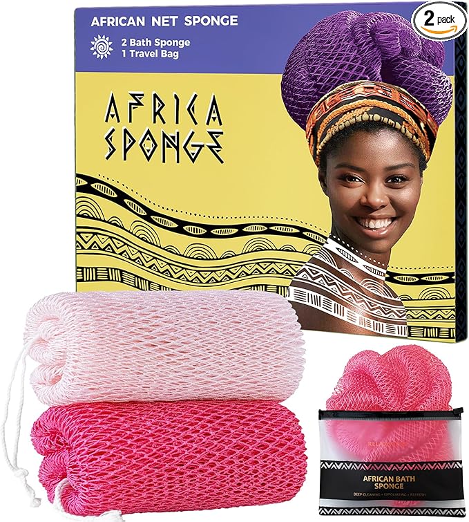 African Net Sponge Authentic - 2 Pieces 52IN Stretched Length Exfoliating Body Scrubber Bath Sponge - Loofah Washcloth Back Scrub for Shower Body Exfoliator