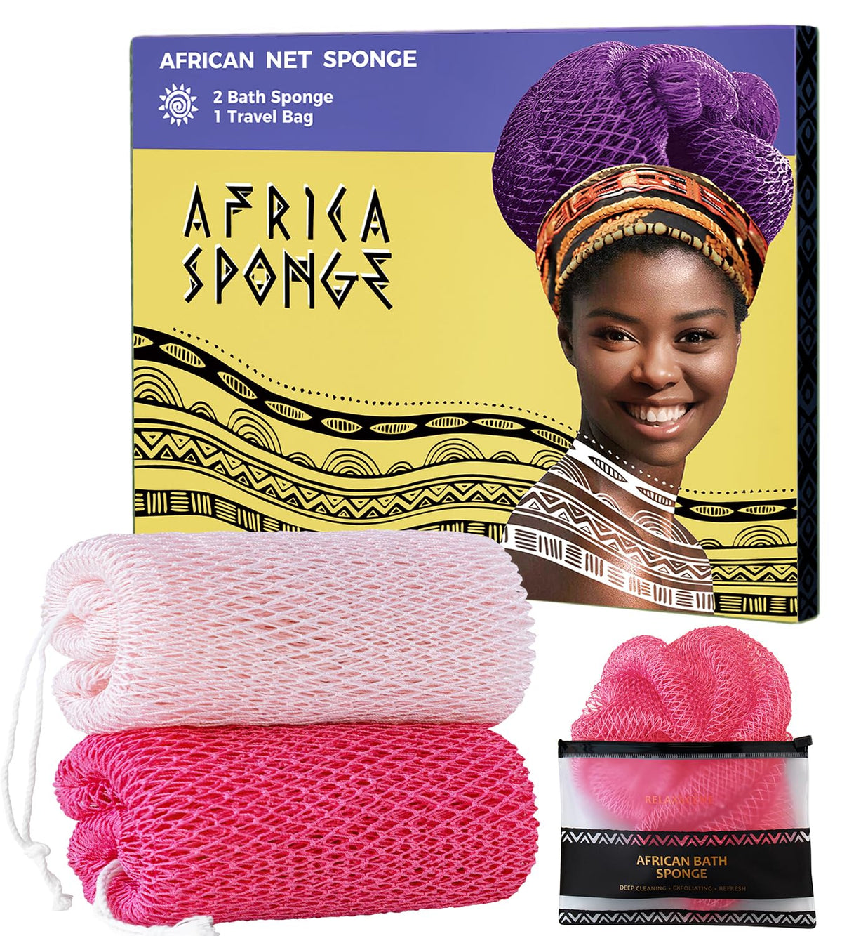 African Net Sponge Authentic - 2 Pieces Exfoliating Body Scrubber Bath Sponge - Back Scrubber Washcloth for Shower - Real African Scrub Exfoliator Body Care Bathing Accessories for Women