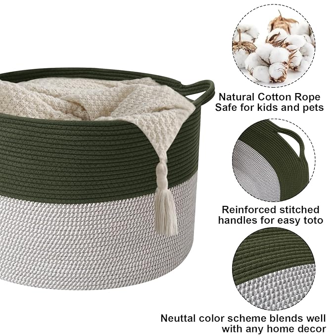 65L Large Blanket Basket,19.7" L x 19.7" W x 13" H Rope Woven Baskets with Handles, Toys Storage Bins,Laundry Basket Perfect for Living Room, Nursery,Bedroom,Home Organization,Green&White