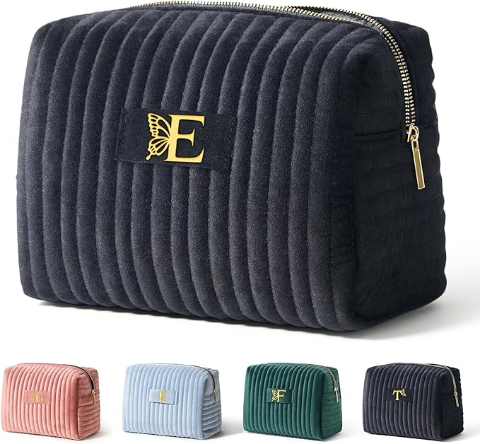 COSHAYSOO Travel Makeup Bag Quilted Make Up Pouch Initial Cosmetic Case with Butterfly Decorations for Women Lipstick Glossier Lipgloss Lip Stain Moisturizer Mascara Eyeliner Organizer Black Letter P