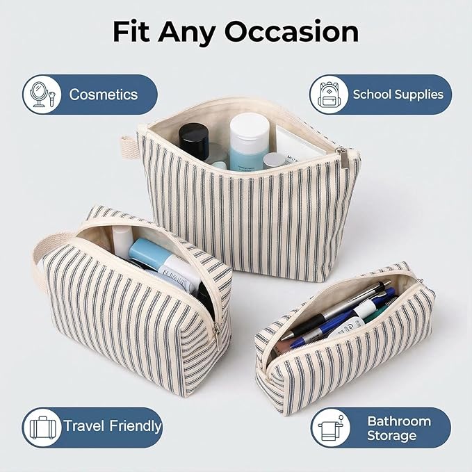 Beayuva 3 Pcs Canvas Makeup Bag Set Cosmetic Pouch for Women Travel Toiletry Bag Cute Makeup Organizer Purse Pouch Preppy Pencil Case with Zipper (Blue Pinstripes)