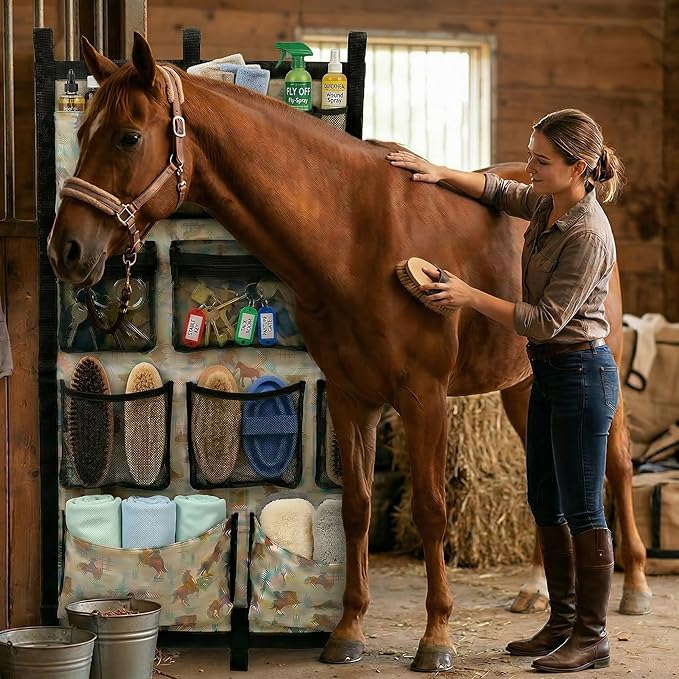 Horse Trailer Organizer & Grooming Bag - Large Hanging Door Caddy with Deep Mesh Pockets for Spray Bottles & Brushes - Heavy Duty 900D Polyester Tack Room Storage for Barn & Stall, 23" x 34"