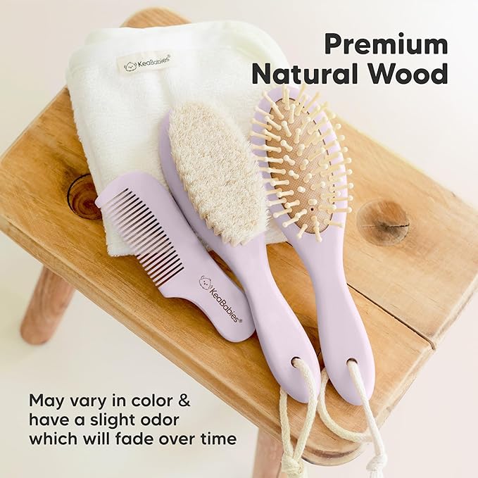 Wooden Baby Hair Brush - Cradle Cap Baby Brush with Soft Goat Bristles, Perfect Gentle Scalp Newborn Comb for Infant, Girls, Boys, Bath Essentials (Thistle, Regular)