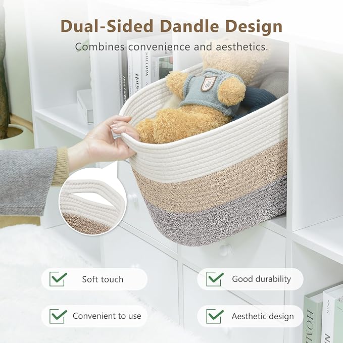 Cotton Rope Storage Basket, 15x10x9 Inches, Woven Basket for Shelves, Clothes, Towels, Books, and Laundry, White Brown (3 Pack)