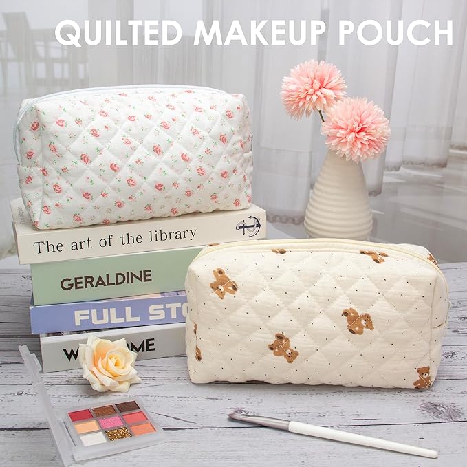 PAZIMIIK Small Quilted Makeup Bag,Zipper Cosmetic Pouch,Gauze Bear