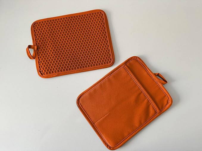 VEIKERY Oven Pot Holder with Pocket Cotton Heat Resistant Coaster Potholder Kitchen Hot Pad Oven Mitts for Cooking and Baking Square 7"x9" (Orange, Silicone)