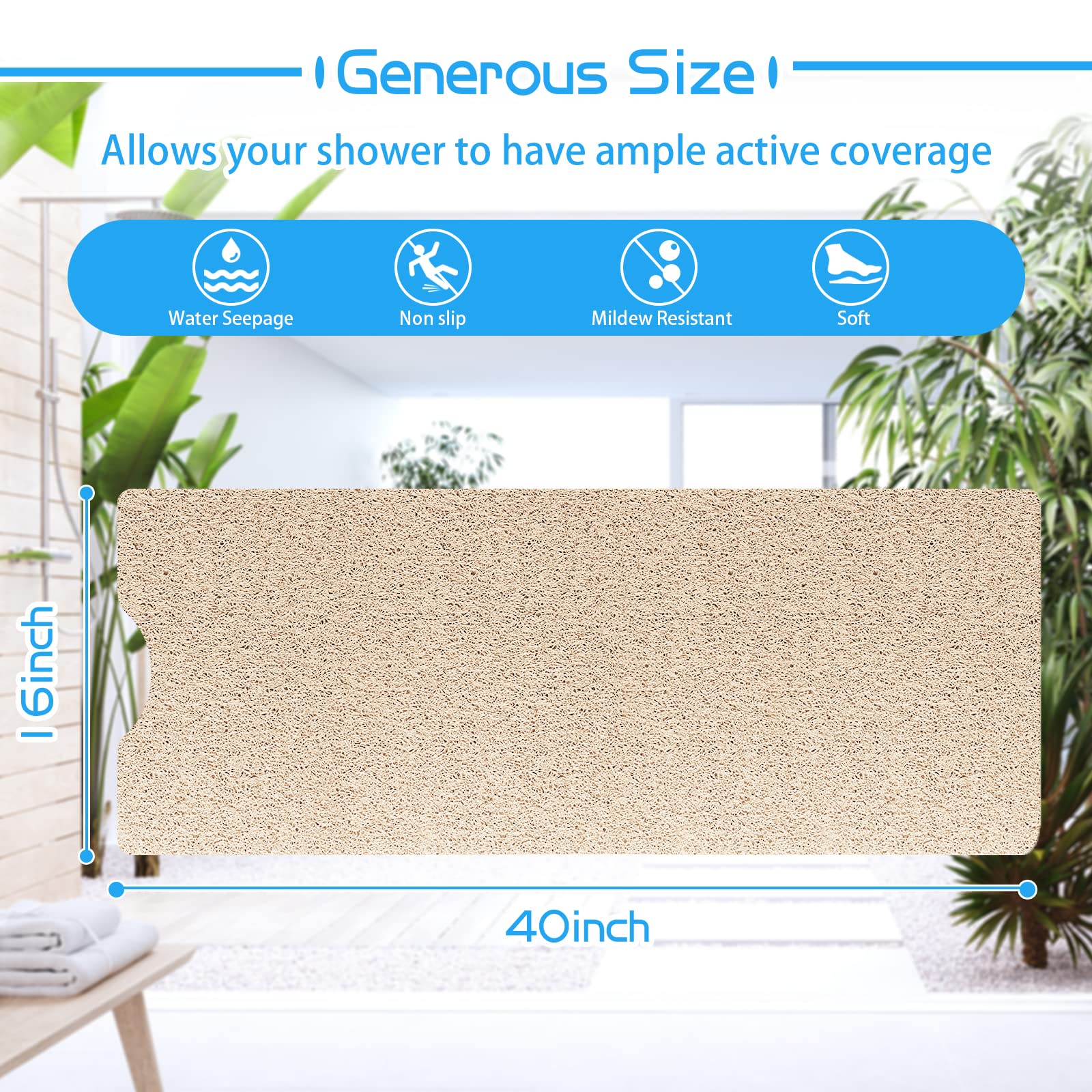 OXTAIL Bathtub Mat Non Slip Shower Soft PVC Loofah Bath Tub Mats for Bathroom 16''x40'', Beige