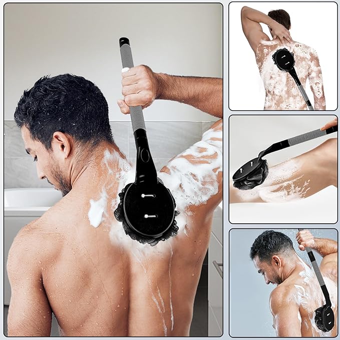 BTideas Loofah with Handle, 21.7” Detachable Loofah Back Scrubber, Back Loofah, Exfoliation and Improved Skin Health, Shower Loofah for Shower for Men Women（Black）