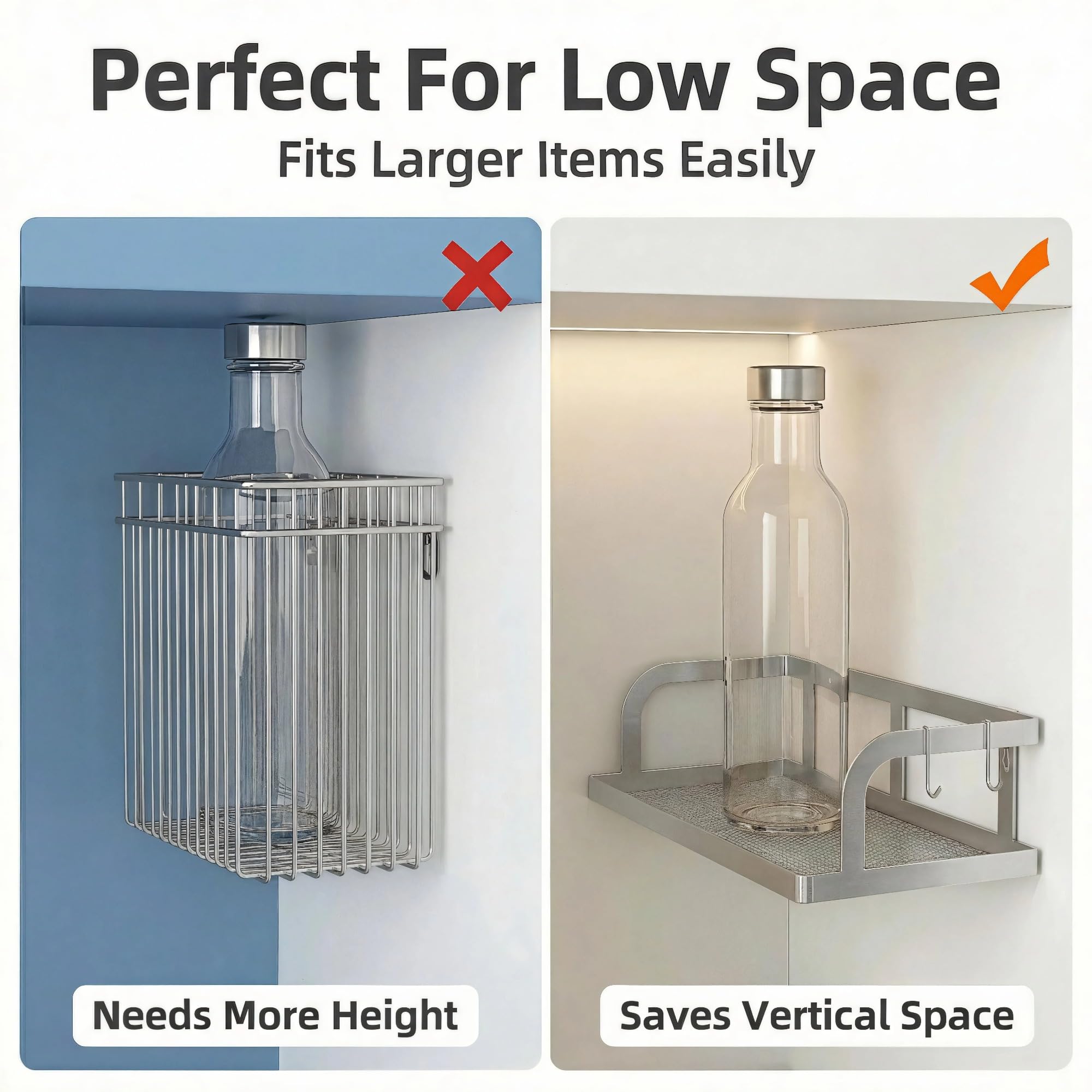 PUSDON 2-Pack Wide Hollowout Shower Caddy & Spice Rack, Wall Mount Bathroom Organizer with Mesh Bottom, Easy Access Cabinet Door Shelf Holds 50LBS - Silver Gray, Hollowout