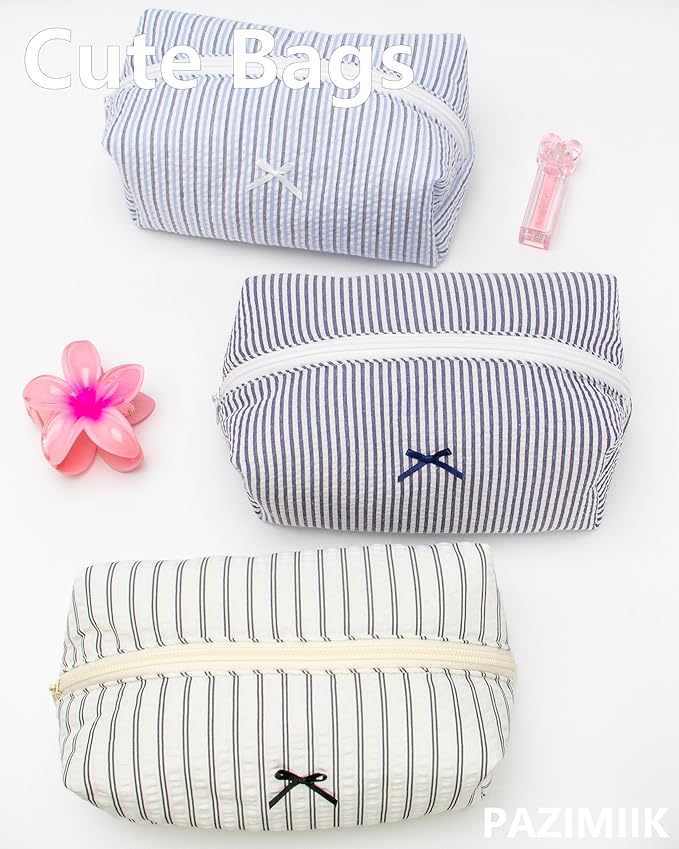 Cozy Makeup Bag for Women,Zipper Cosmetic Pouch,Stripe Navy Blue,2 Pack