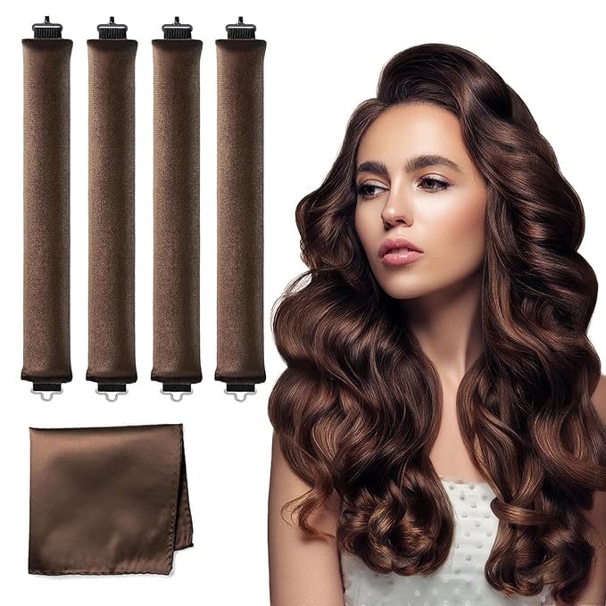 HAIOLORPRO Heatless Hair Curler Velvet, Heatless Curls Overnight Hair Curlers to Sleep in, Overnight Rods Heatless Curls for Short Long Hair All Hair Types Styling Tools-4PCS Brown