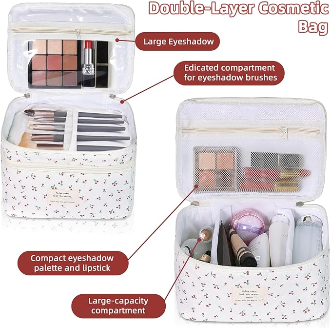 Gosect Makeup bag, Large Cosmetic Bag for Women Girls, Cute Quilted Makeup Bags, Floral Coquette Aesthetic Toiletry Bag, Travel Make Up Organizer Bag (Cherry)