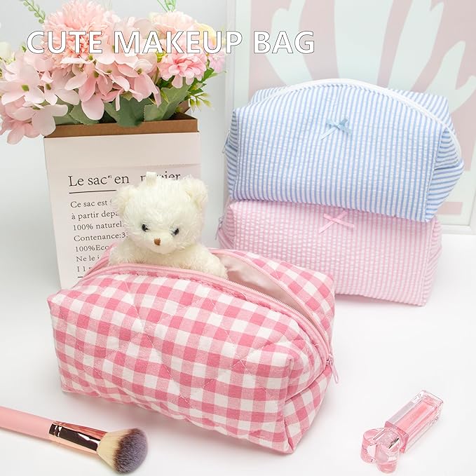 Cozy Makeup Bag for Women,Zipper Cosmetic Pouch,Checkered Pink,2 Pack