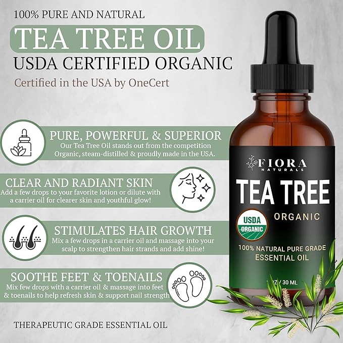Tea Tree Oil – 100% Pure Organic Tea Tree Essential Oil for Skin, Face, Hair, Scalp, Nails, and Toenail – 1 fl oz - By Fiora Naturals