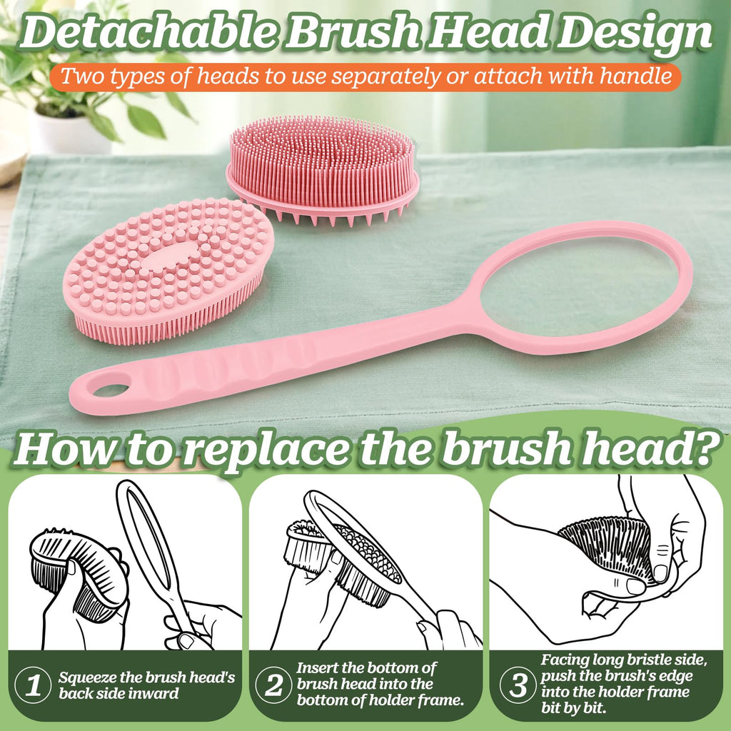 GEENOA Silicone Back Scrubber for Shower, Gentle Shower Scrubber for Lathering, Softe Silicone Loofah with Two Replaceable Brush Heads, Good for Kids, Sensitive Skin(Pink-Two Heads)