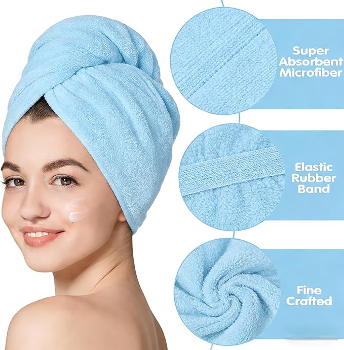 3 Pack Microfiber Hair Towel Wrap for Women, Fast Drying Hair Turban with Button, Anti-Frizz Large Hair Towel for All Hair Styles, Soft & Absorbent Hair Drying Towel