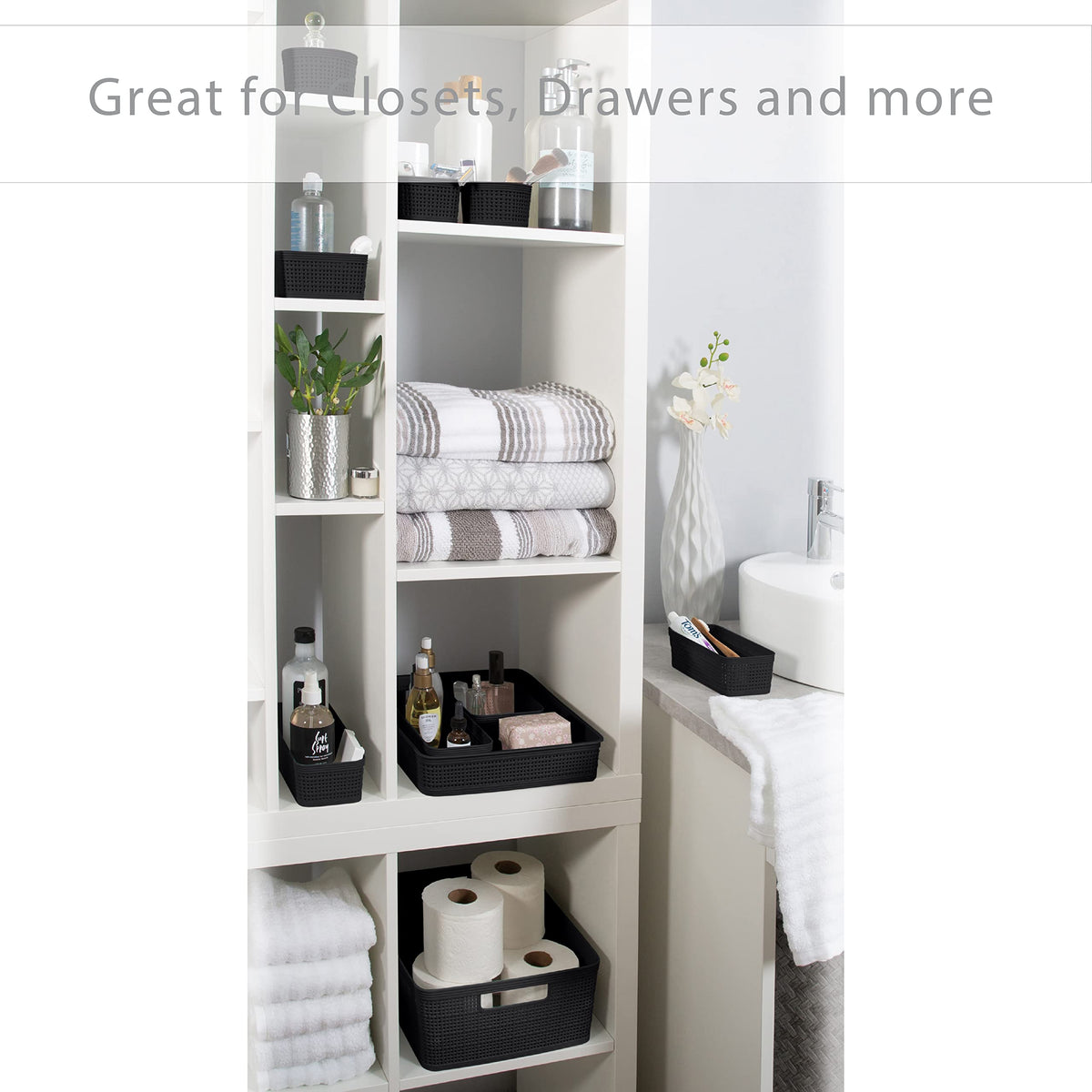 Simplify 10 Piece Organizing Set | Multiple Size Bins | Multipurpose | Office | Desk | Dorm | Bathroom | Storage Basket | Small Items | Accessories | Black