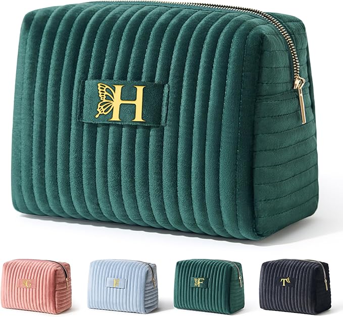COSHAYSOO Travel Makeup Bag Quilted Make Up Pouch Initial Cosmetic Case with Butterfly Decorations for Women Lipstick Glossier Lipgloss Lip Stain Moisturizer Mascara Eyeliner Organizer Black Letter P