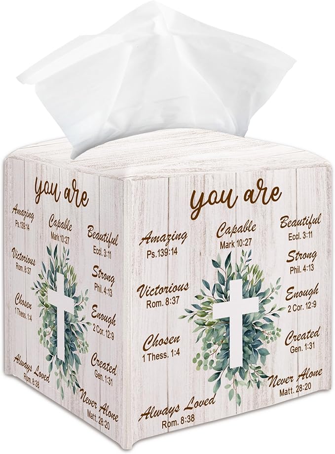 Bible Verse Decorative Tissue Box Cover Square, Leaves Tissue Box Cover Holder, Religious Faith Gift Ideas for Family Friends, Home Dining Table Decor-(5.2 Inches) A02