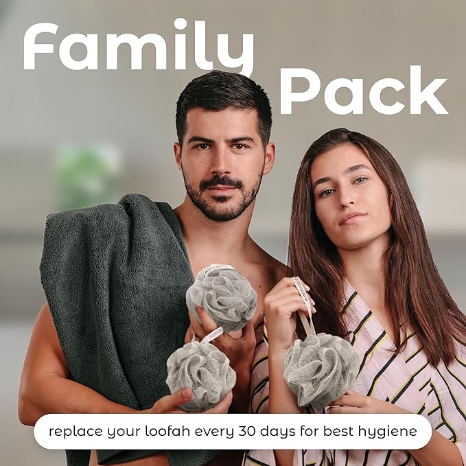 MainBasics Shower Loofah Sponge Pouf, Set of 3, Totally Taupe