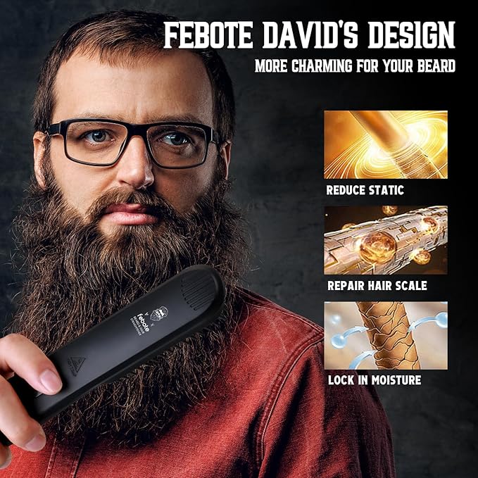 FEBOTE Heated Ionic Hair Straightening Brush for Men - 5 Temperature Settings, Anti-Scald, Beard Shaper & Travel Bag
