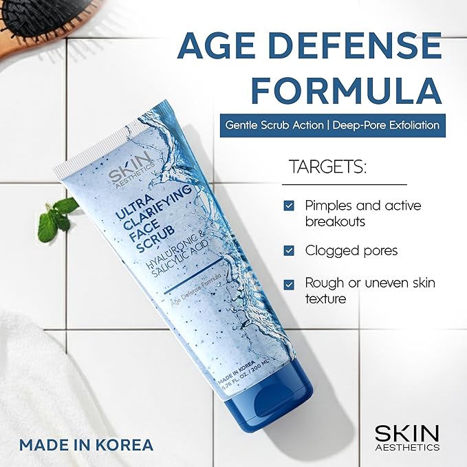 Skin Aesthetics Face Scrub with Hyaluronic & Salicylic Acid – Deep Cleansing, Hydrating & Gentle Exfoliating Face Wash For Acne-Prone Skin – Dermatologist Tested, Korean Skin Care – 6.76 Fl Oz