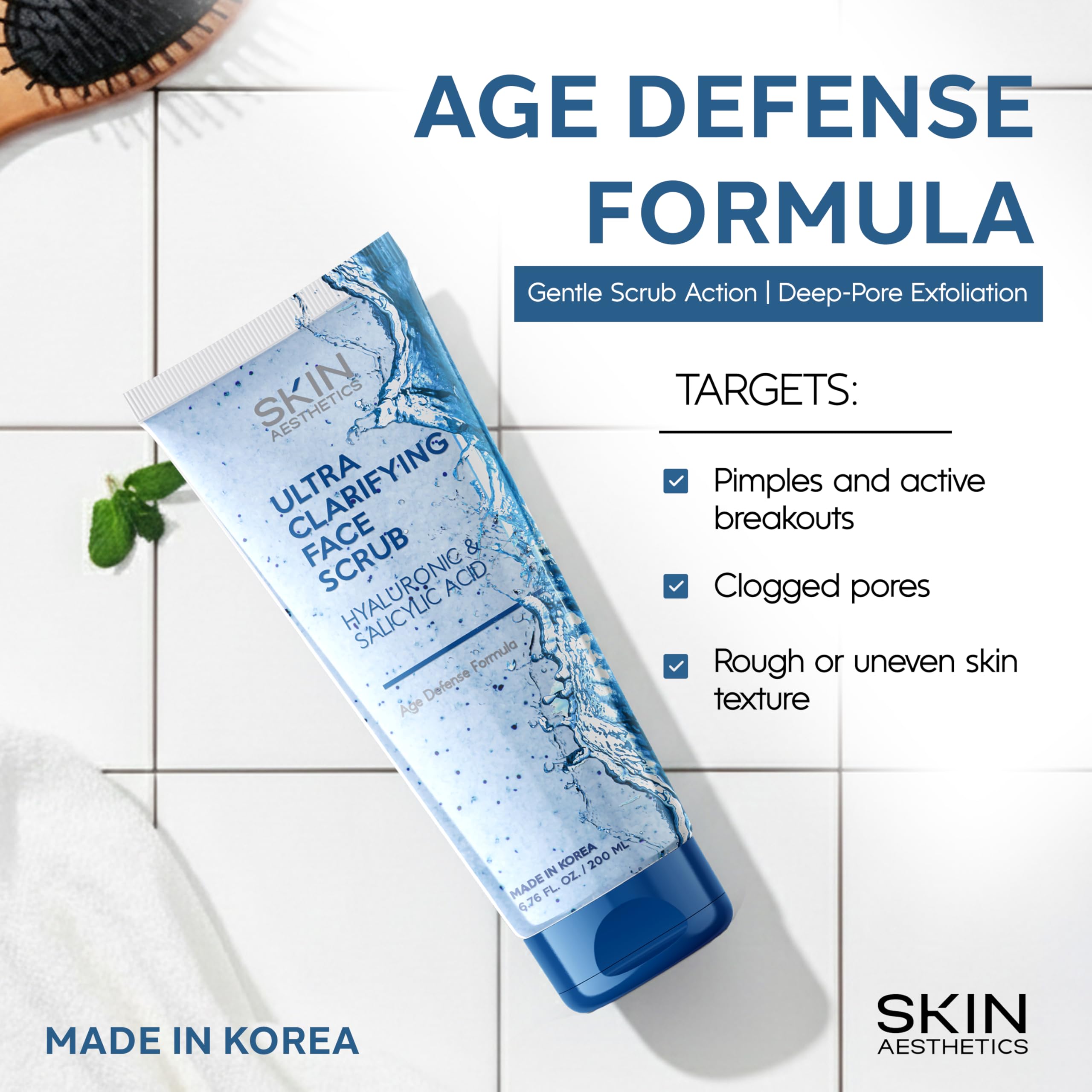Skin Aesthetics Face Scrub with Hyaluronic & Salicylic Acid – Deep Cleansing, Hydrating & Gentle Exfoliating Face Wash For Acne-Prone Skin – Dermatologist Tested, Korean Skin Care – 6.76 Fl Oz