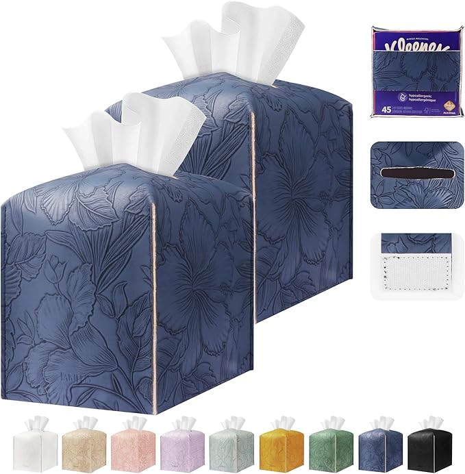 PARIERIS Tissue Box Holder Cover Square Tissue Cube Cover PU Leather Tissue Organizer with Bottom Belt for Bathroom, Tabletop, Kitchen, Night Stands, Office, Home, Car (2, Oceanblue)