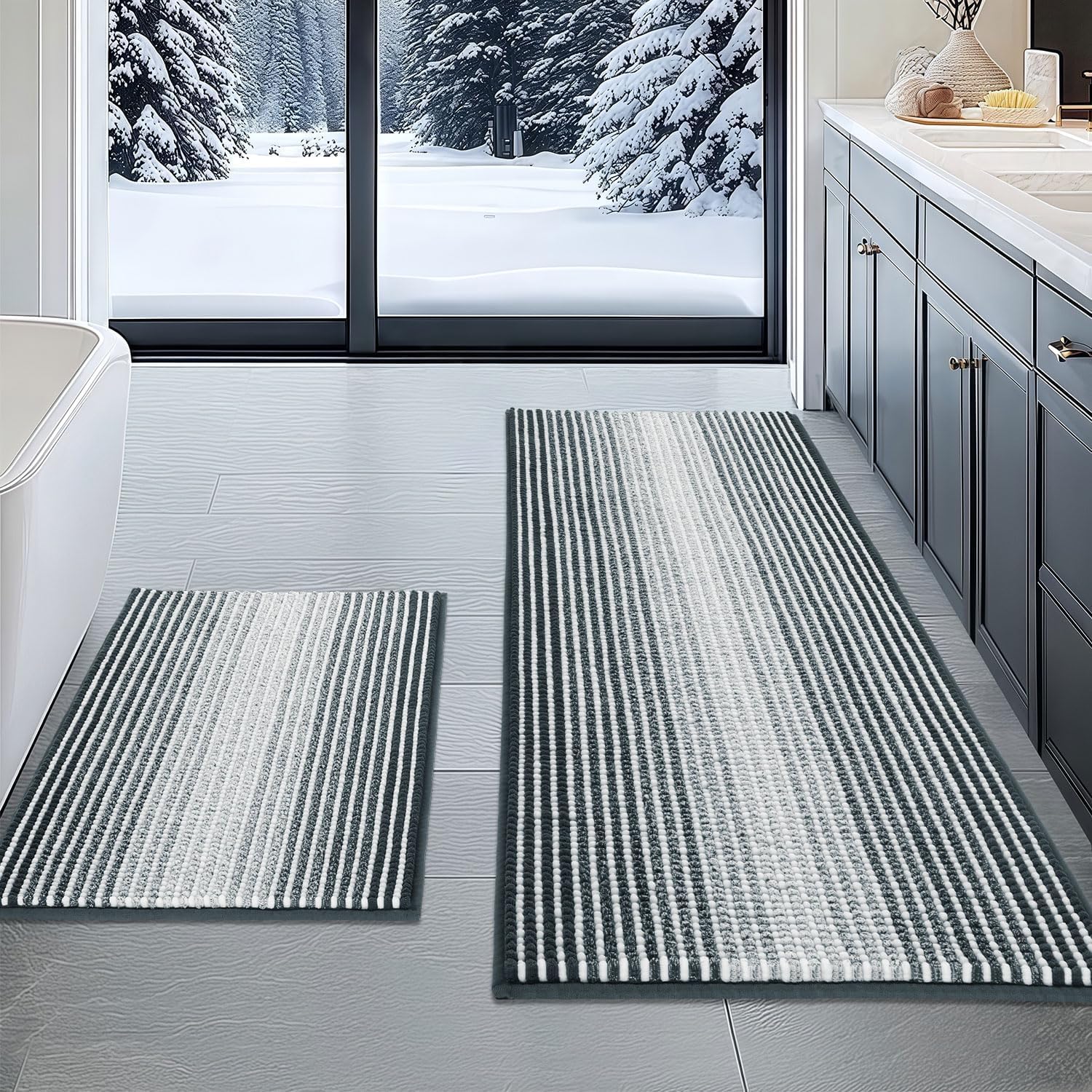 BSICPRO Bathroom Rugs and Mats Sets, 2 Piece Thick Absorbent Chenille Non Slip, Soft Shaggy Bath Room Floor Mats for Bathroom, Machine Washable (Blue Grey, 20" x 47" Plus 16" x 24")